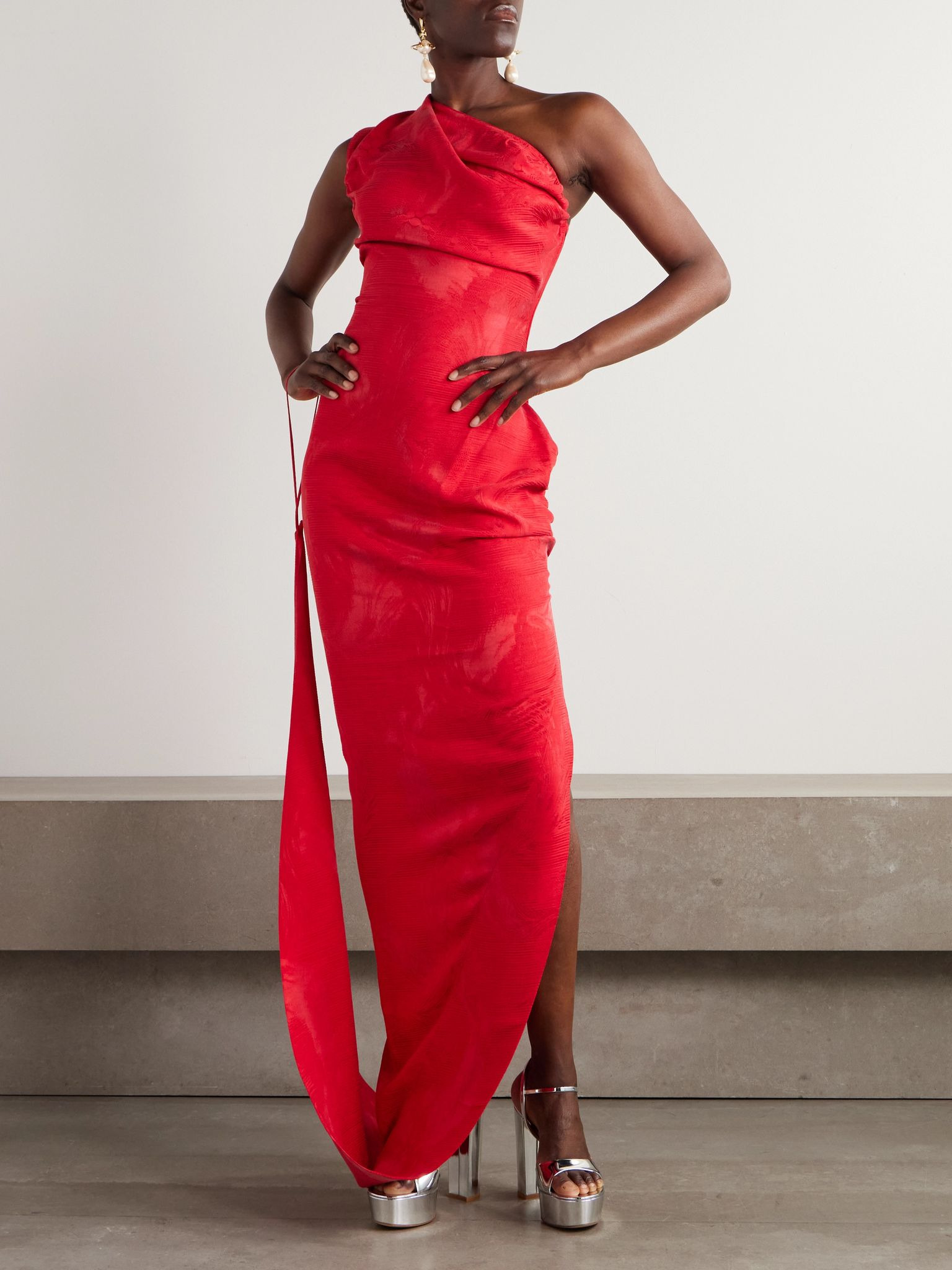 Andreas one-shoulder gathered jacquard gown Red - 2
