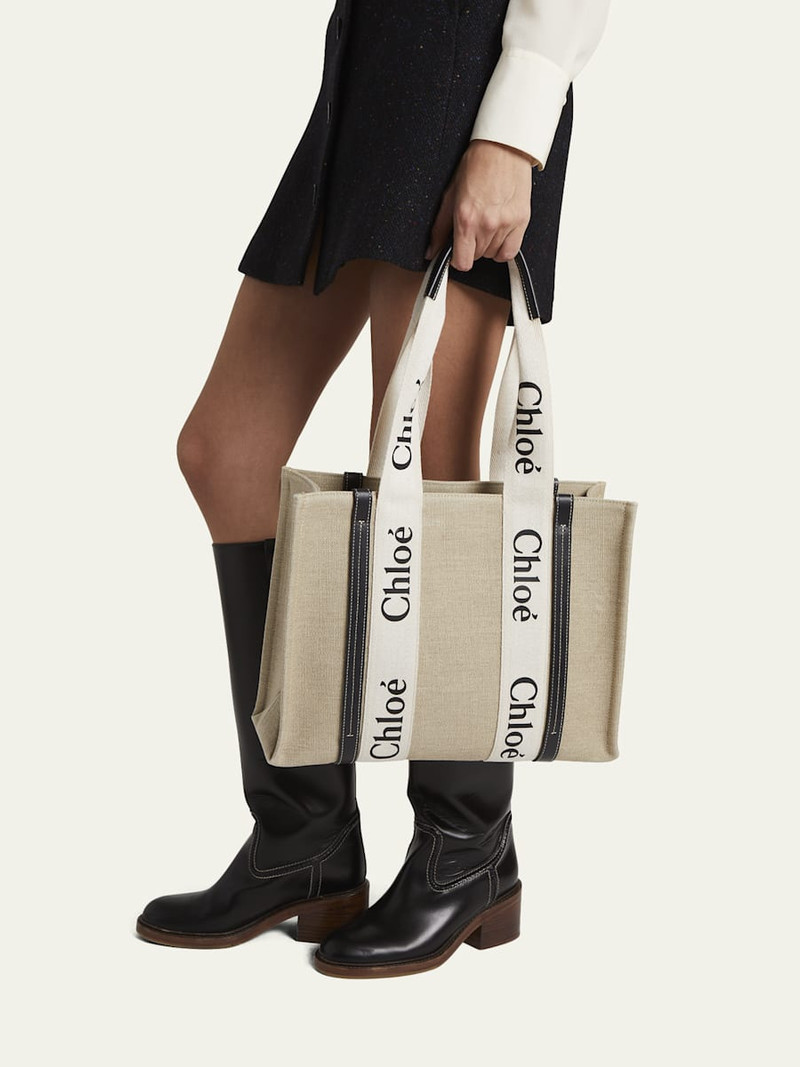 Chloé Woody Medium Tote Bag in Linen outlook