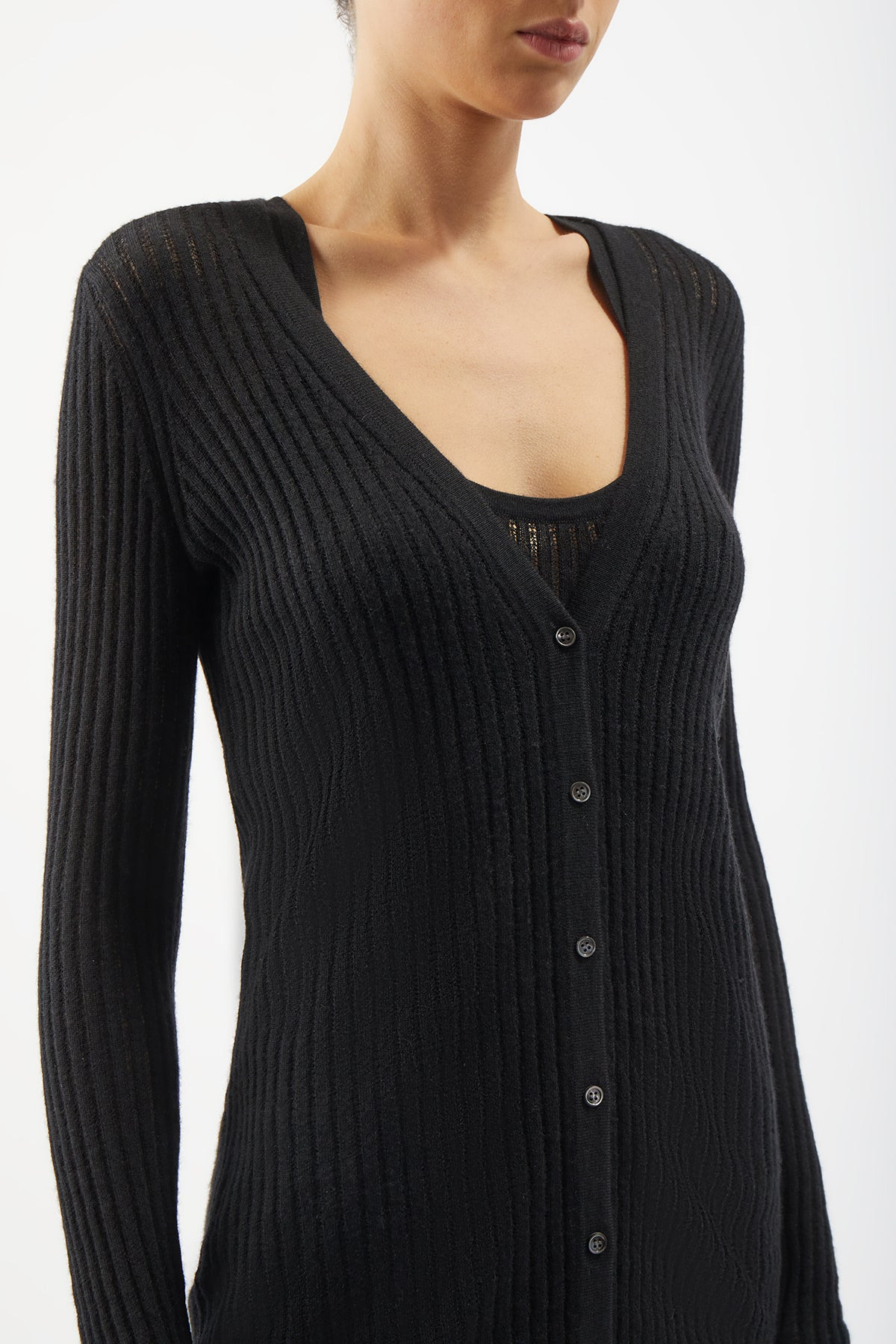 Emma Pointelle Cardigan in Black Silk Cashmere - 5