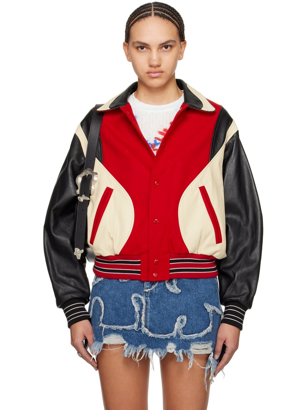 Black & Red Robyn Leather Bomber Jacket - 1