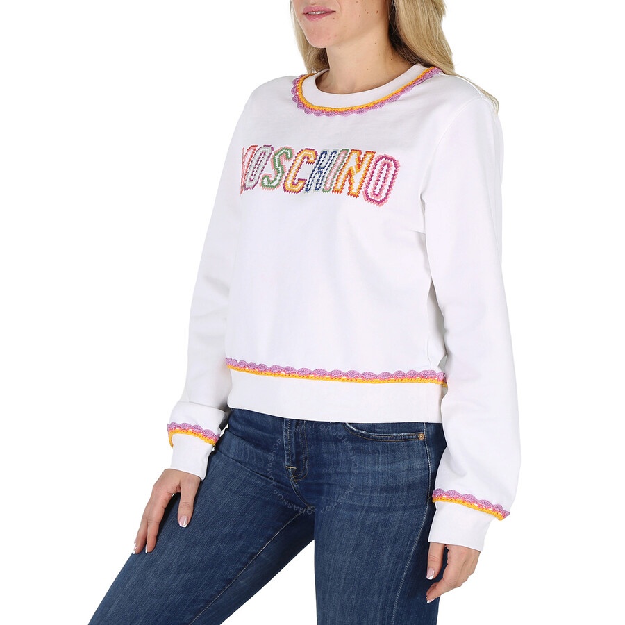 Moschino Fantasy Print White Crochet Details Cotton Sweatshirt - 5