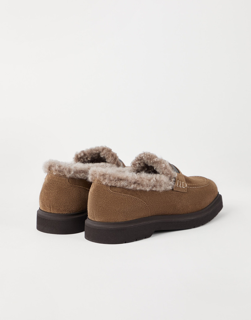 Brunello Cucinelli Suede penny loafers with shearling lining and precious insert outlook
