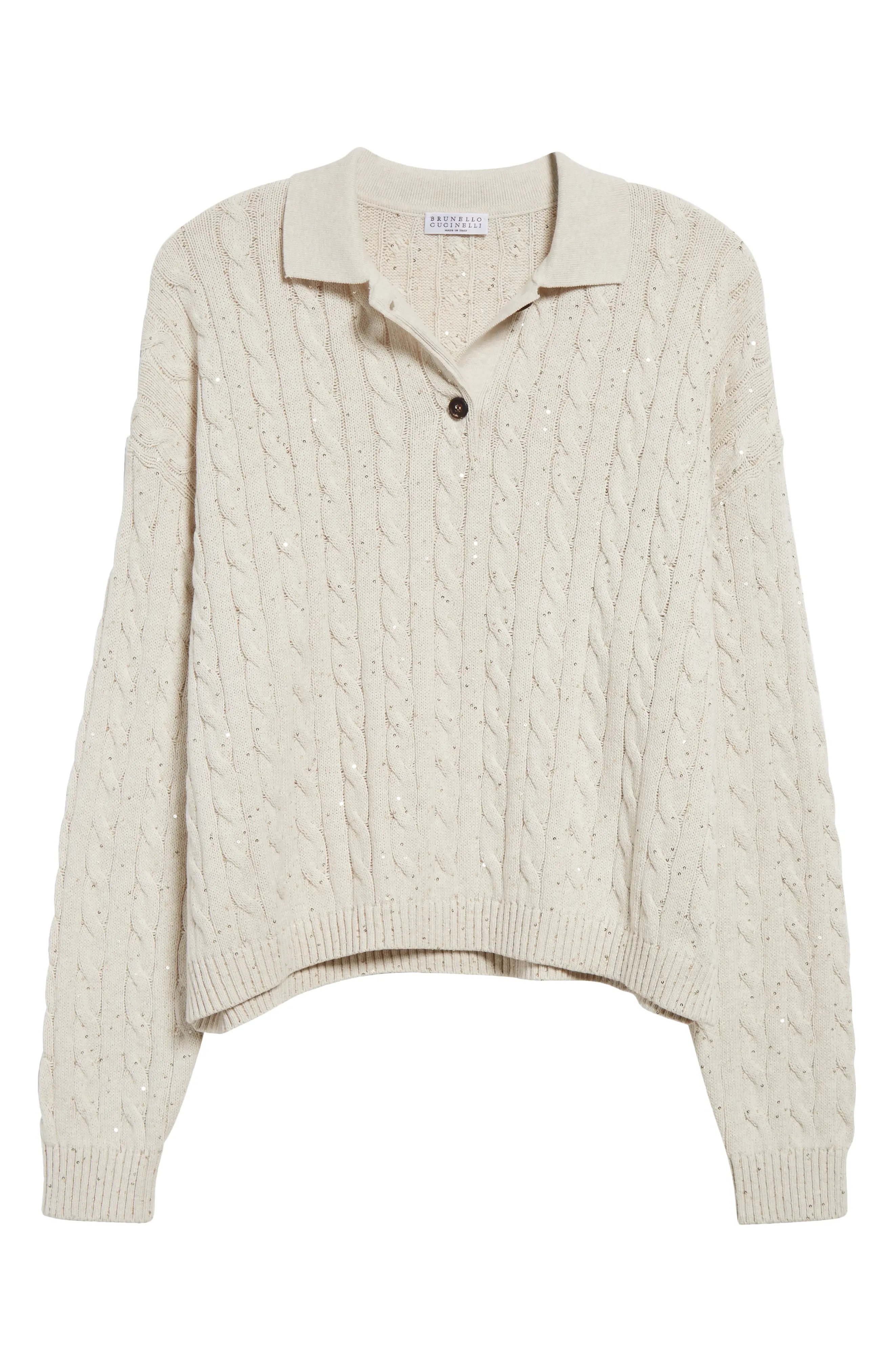 Sequin Cable Knit Polo Sweater - 6