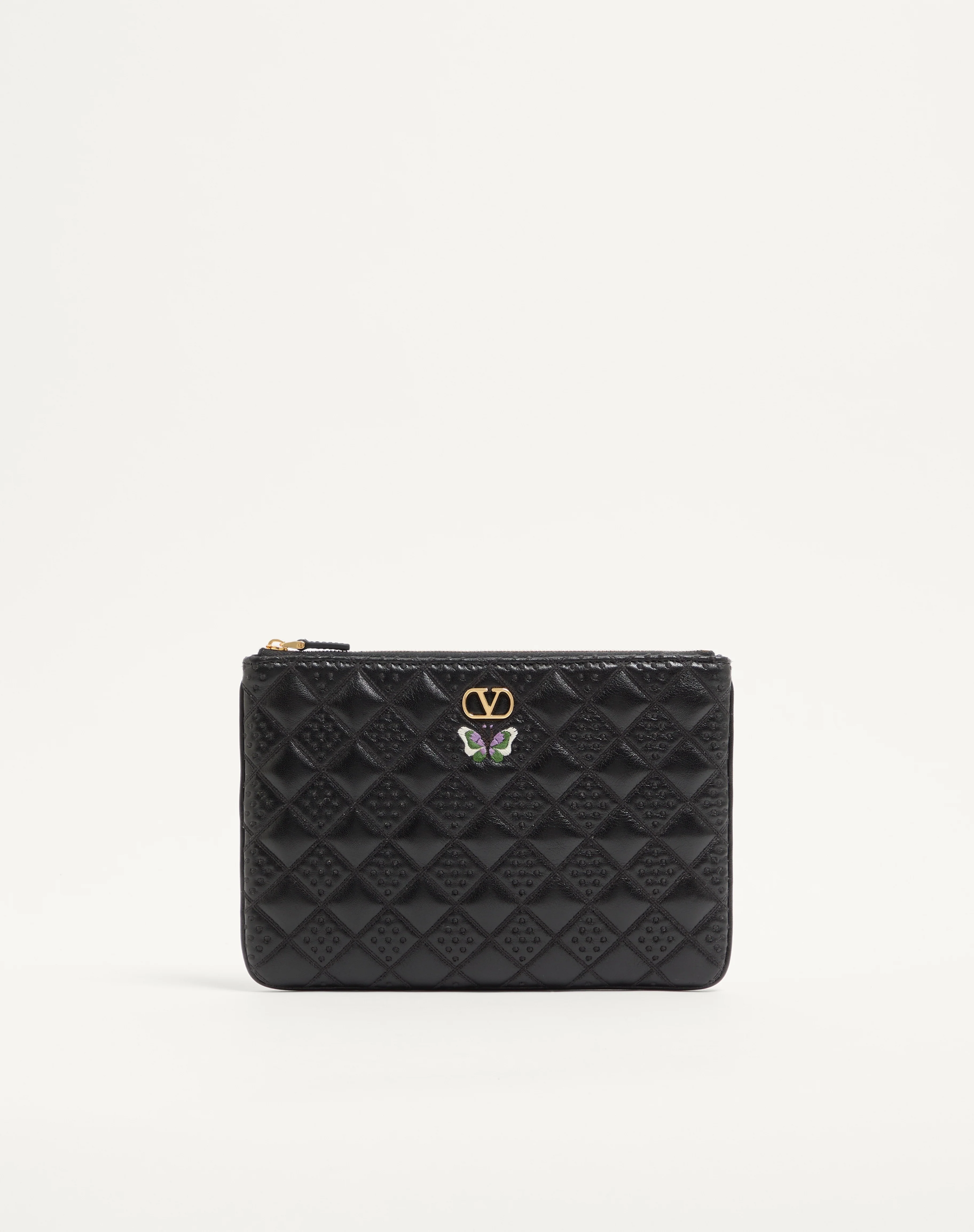 VALENTINO GARAVANI FLUTTERBY CLUTCH IN SHINY NAPPA LEATHER WITH BUTTERFLY EMBROIDERY - 1