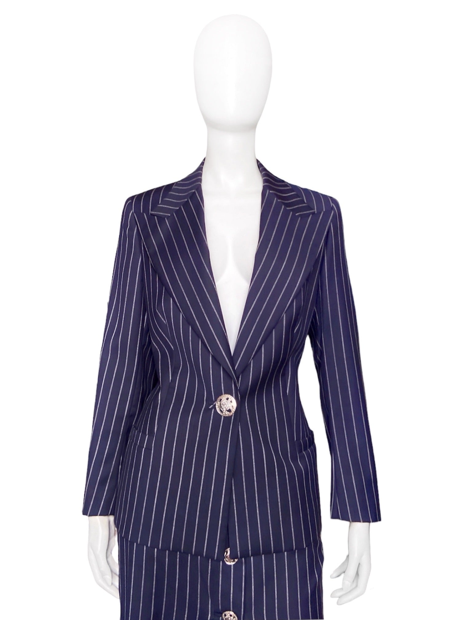 Gianni Versace Spring 1995 Navy Double Pinstriped Wrap Skirt Suit 42 - 4
