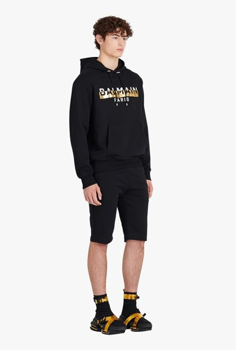 Black eco-designed cotton sweatshirt with white and gold Balmain Paris metallic logo print 7