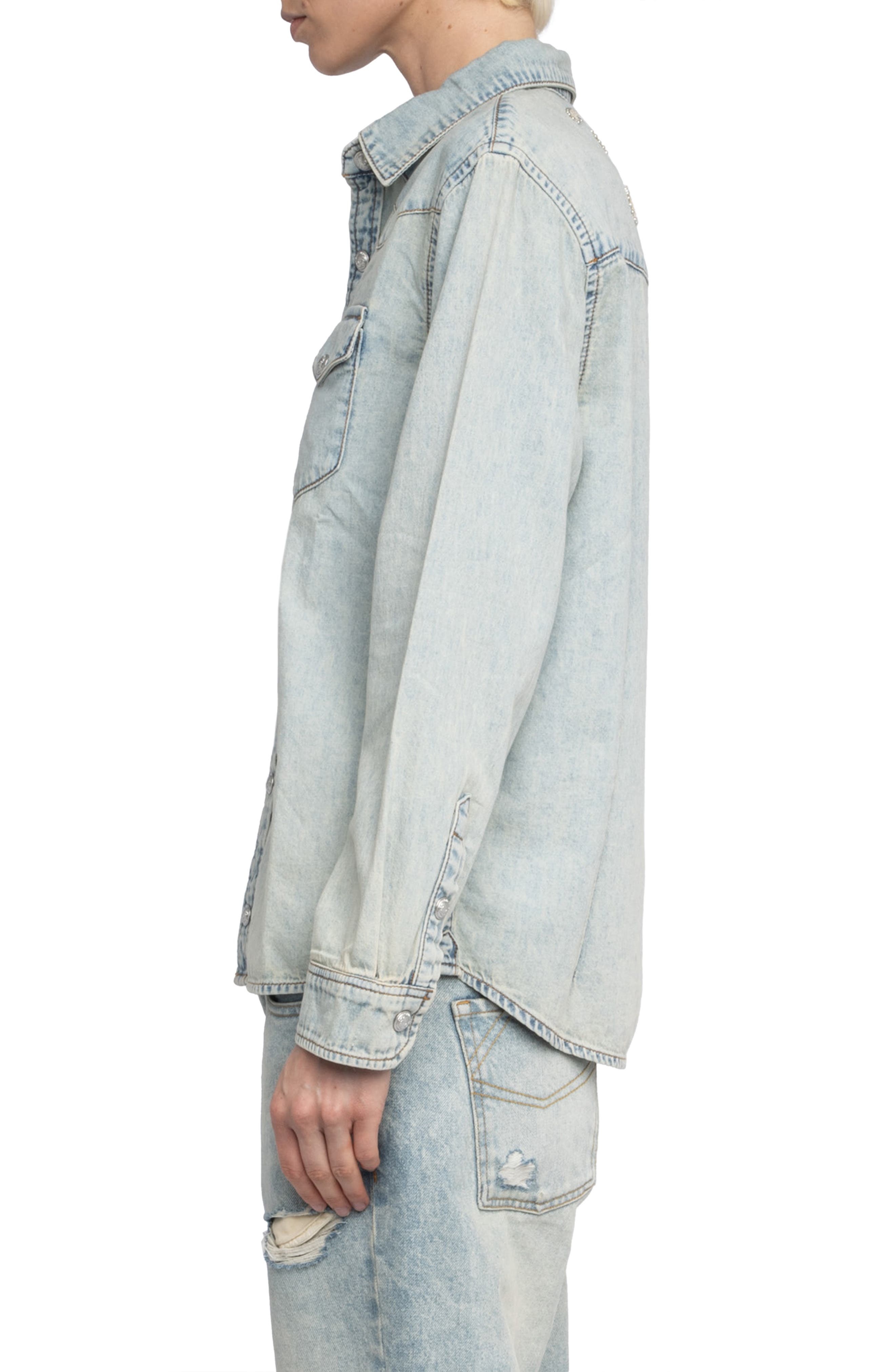 Zadig & Voltaire Saby Studded Denim Button-Up Shirt in Light Blue at Nordstrom - 3