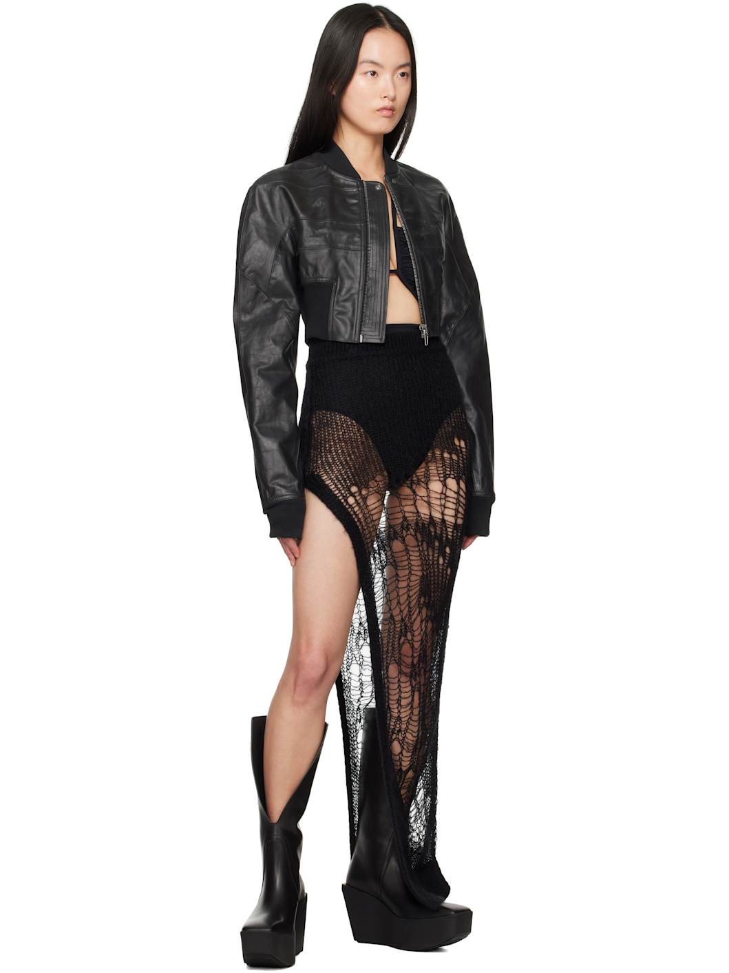 Black Hollywood Girdered Cropped Leather Bomber Jacket - 4