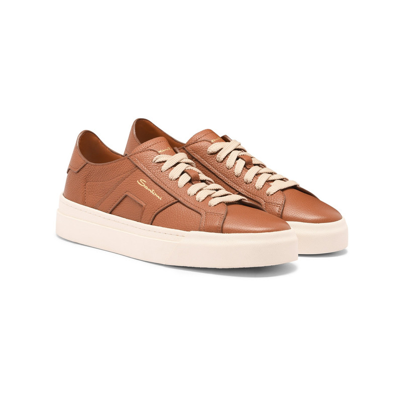 Santoni Women's brown tumbled leather Double Buckle Sneaker outlook