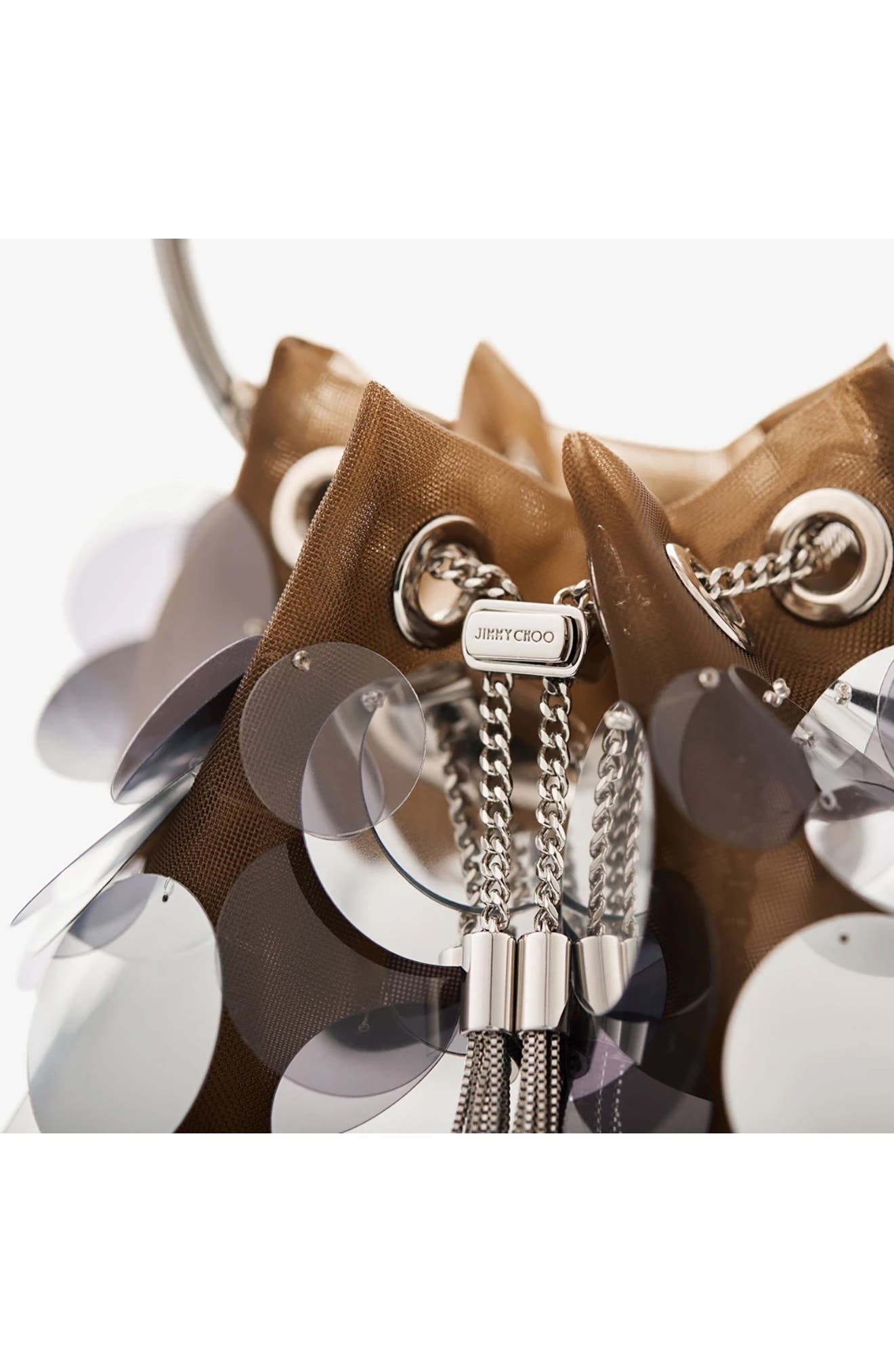 Jimmy Choo Bon Bon Paillette Drawstring Top Handle Pouch in Biscuit/Silver at Nordstrom - 6