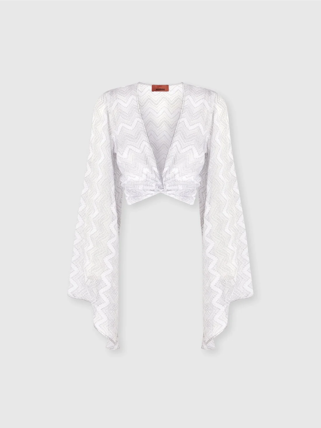 Crop top with wide sleeves and front knot in zig zag lamé viscose - 1