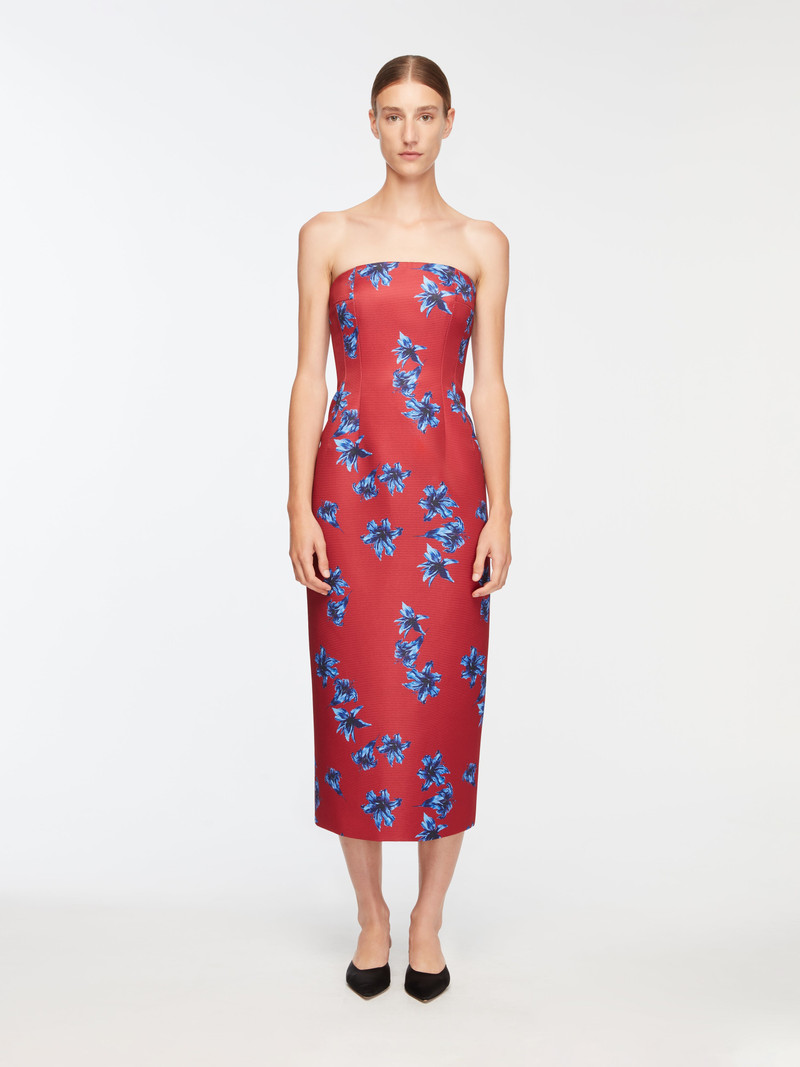 EMILIA WICKSTEAD Leila Dress In Red & Blue Festive Lillies Taffeta Faille outlook