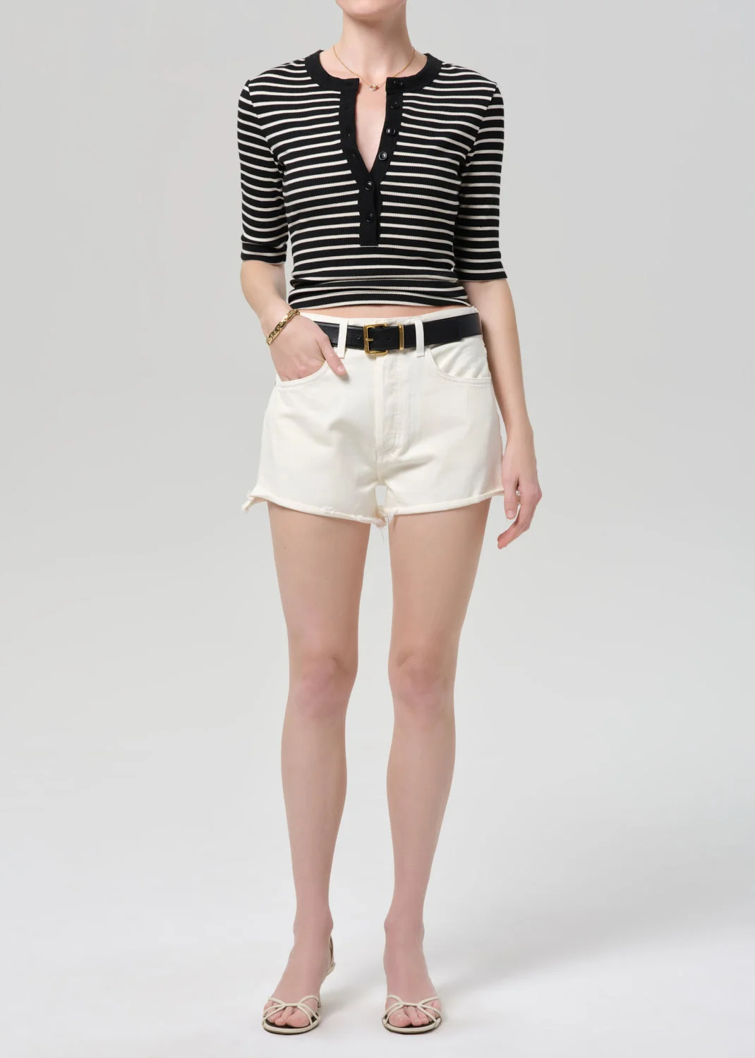 Nali Short Sleeve Henley In Anthracite Stripe - 1