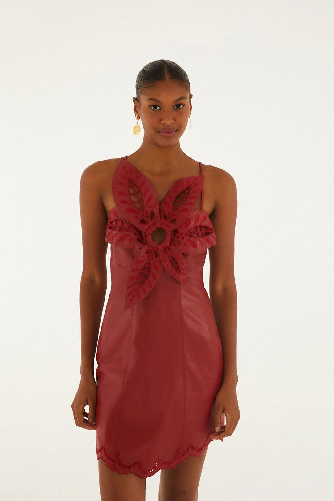 Red 3D Richelieu Flower Leather Mini Dress - 1