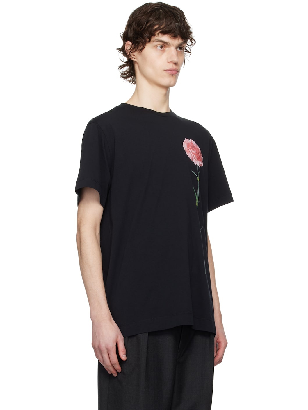 Black Carnation Print Short Sleeve T-shirt - 2