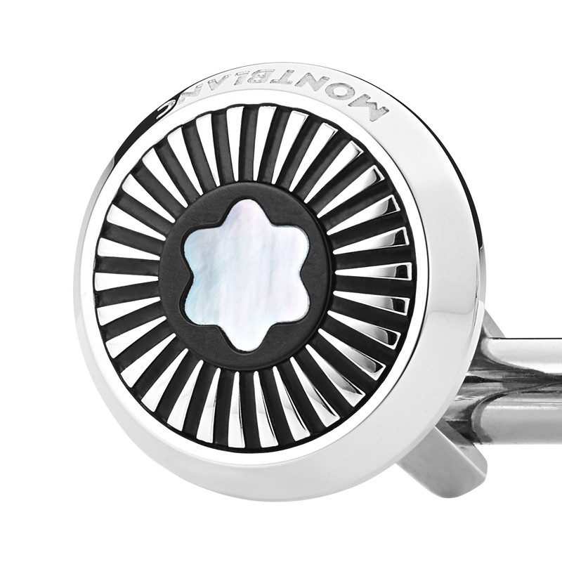 Montblanc Cufflinks, round in stainless steel with ray pattern and mother-of-pearl snowcap emblem outlook