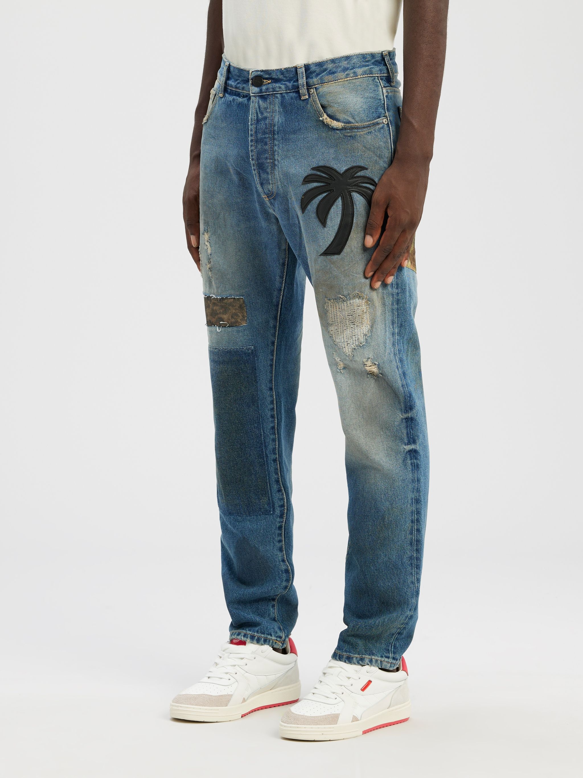 CURVED PALM TREE REGULAR DENIM PANTS - 4