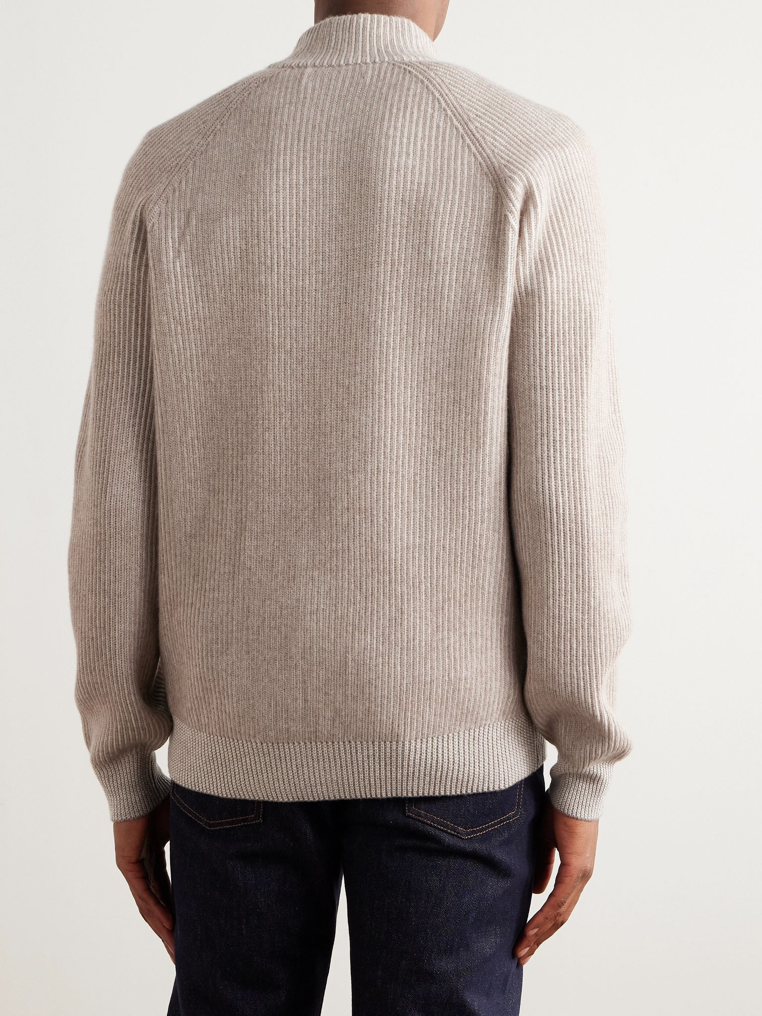 Slim-Fit Ribbed Cashmere Zip-Up Cardigan Beige - 3