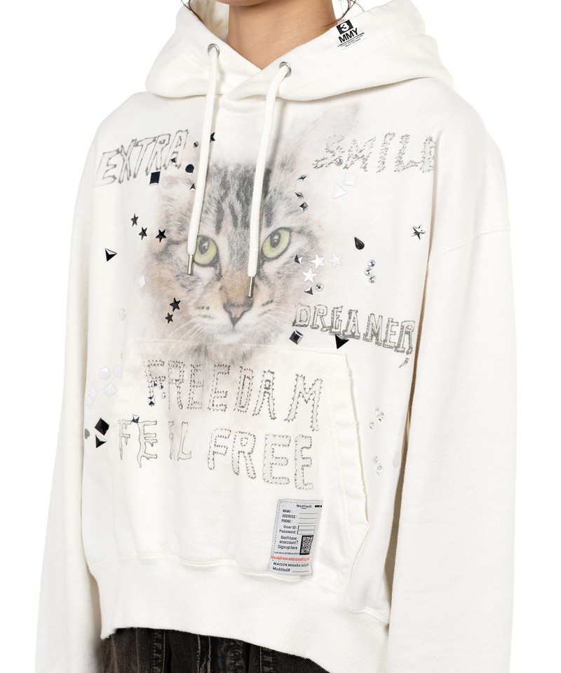 Cat Printed Embellished Distressed Hoodie 7