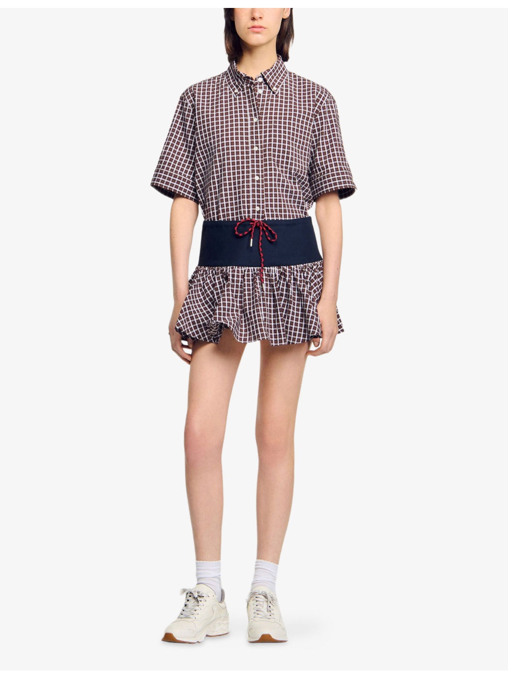 Checked Drawstring-Waist Stretch-Cotton Skort - 2