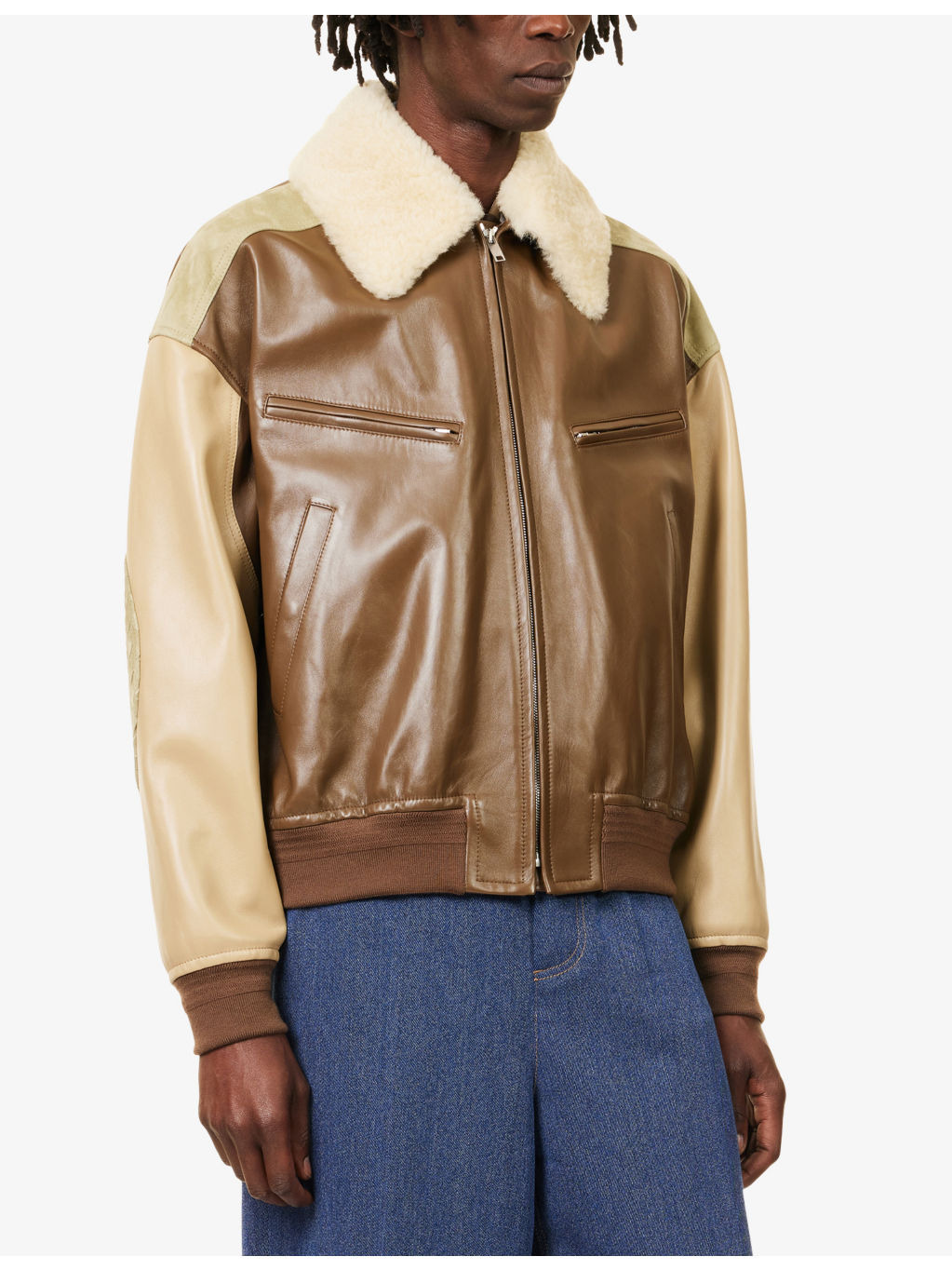 Suede-Panels Fur-Collar Leather Jacket - 3