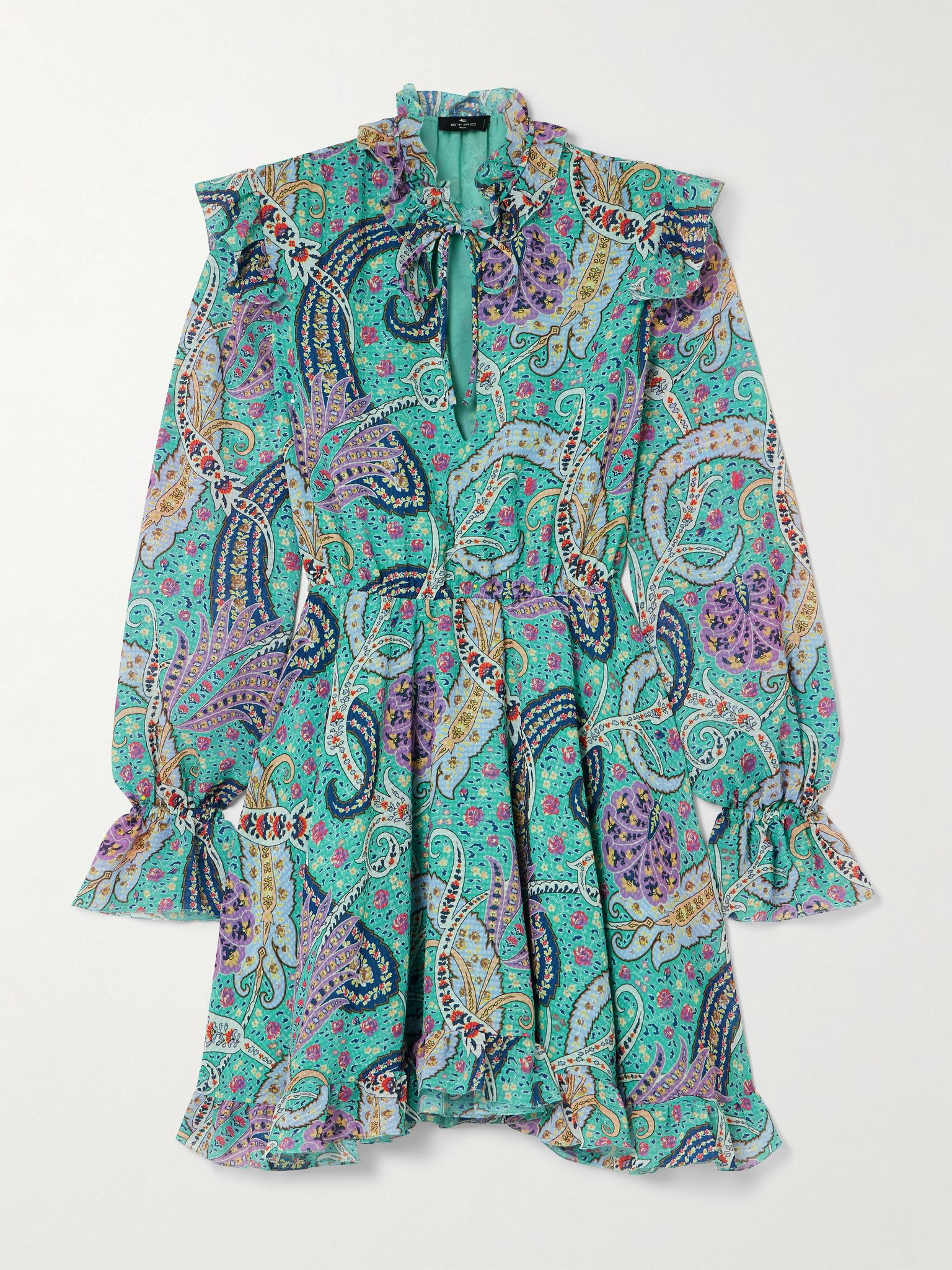 Ruffled paisley-print voile-jacquard mini dress Light blue - 1