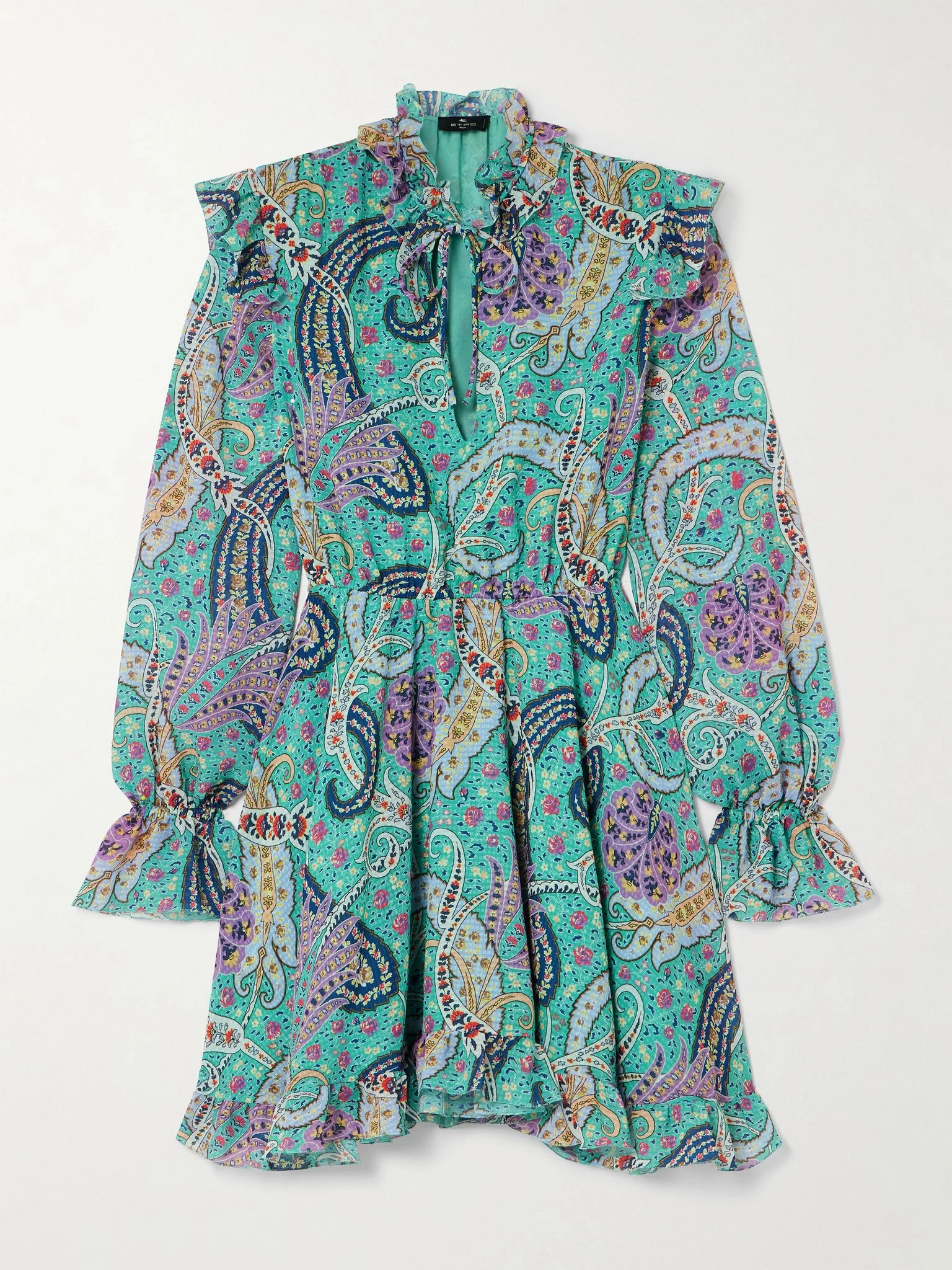 Ruffled paisley-print voile-jacquard mini dress Light blue - 1