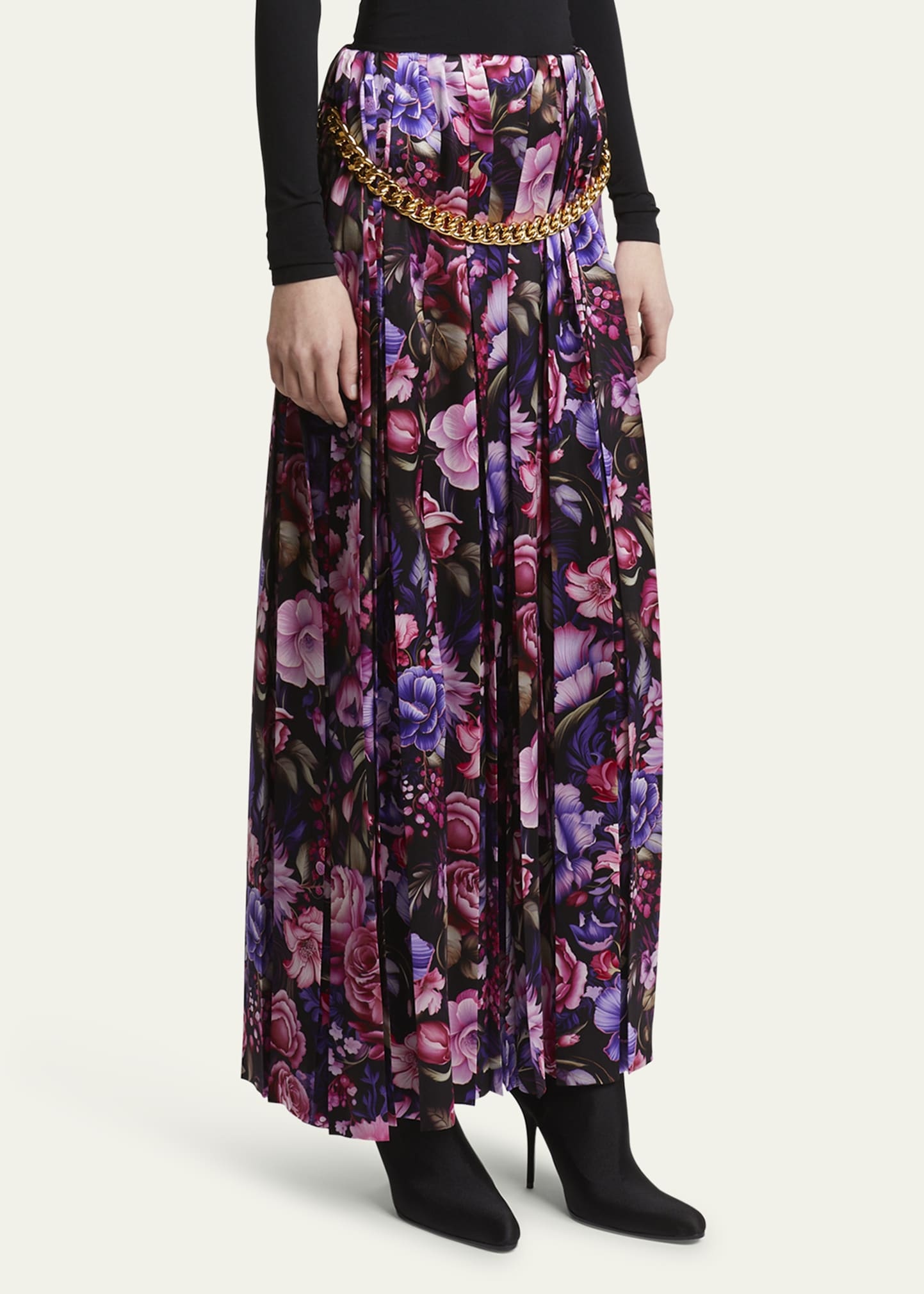 Floral Print Pleated Long Silk Skirt with Chunky Chain - 4