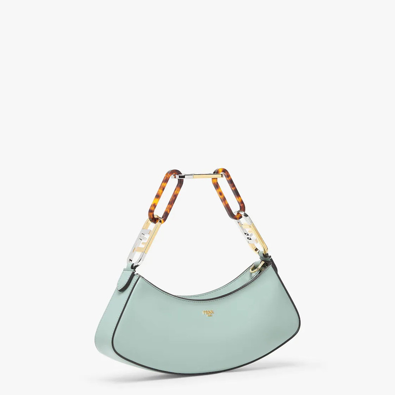 Pouch made of mint green leather with zipper closure, decorated with Fendi Roma lettering in gold-co 2