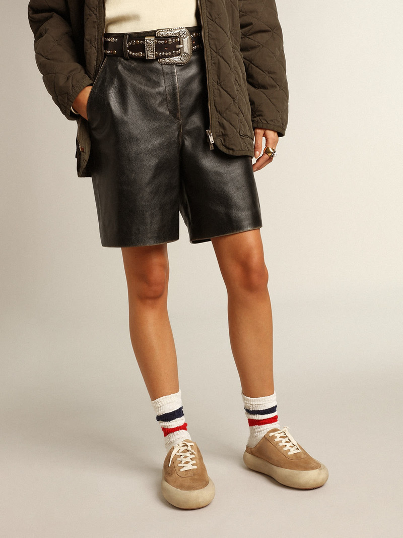 Golden Goose Black leather Bermuda shorts with lived-in effect outlook