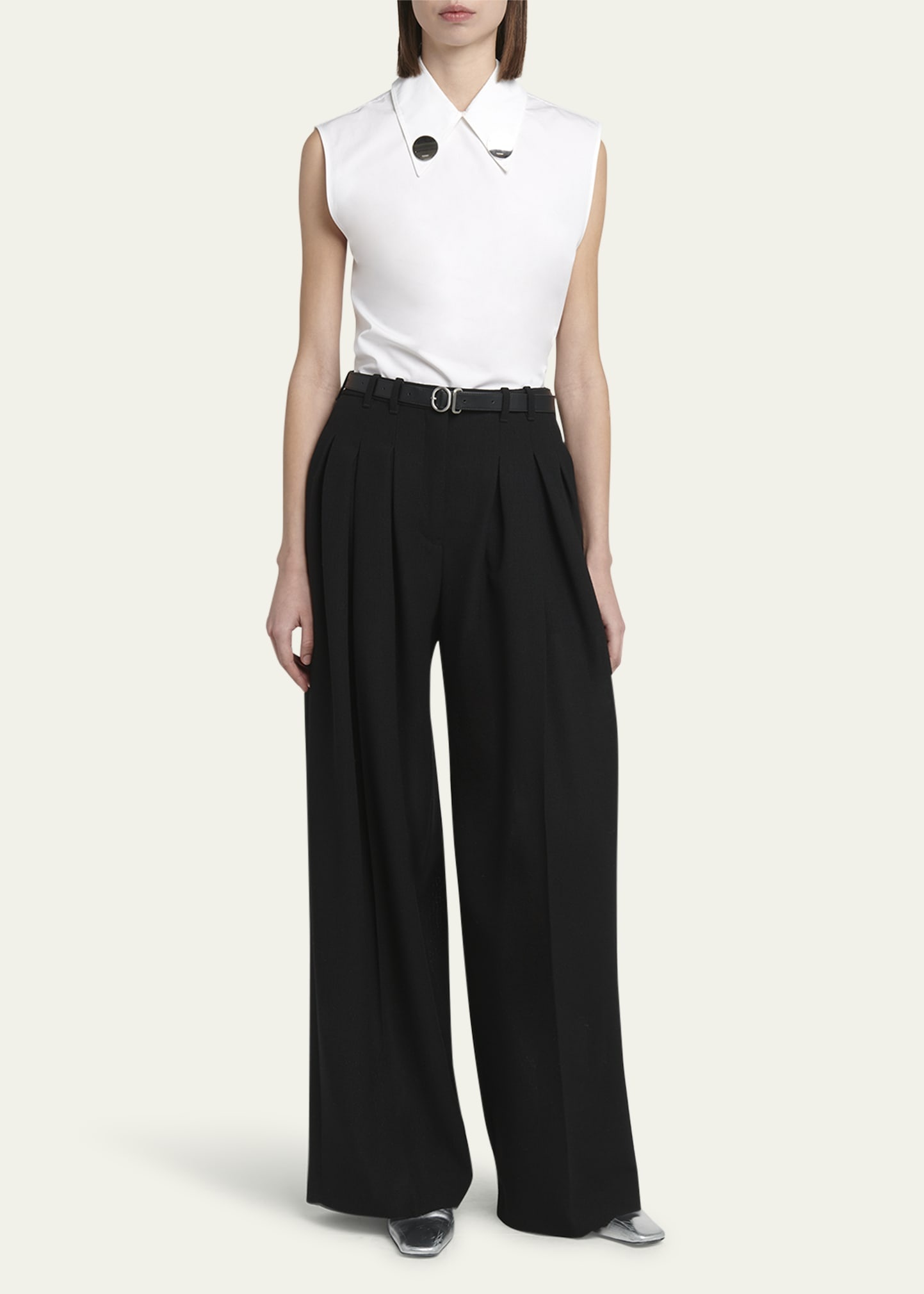 Pintuck Wide Leg Wool Trousers - 2