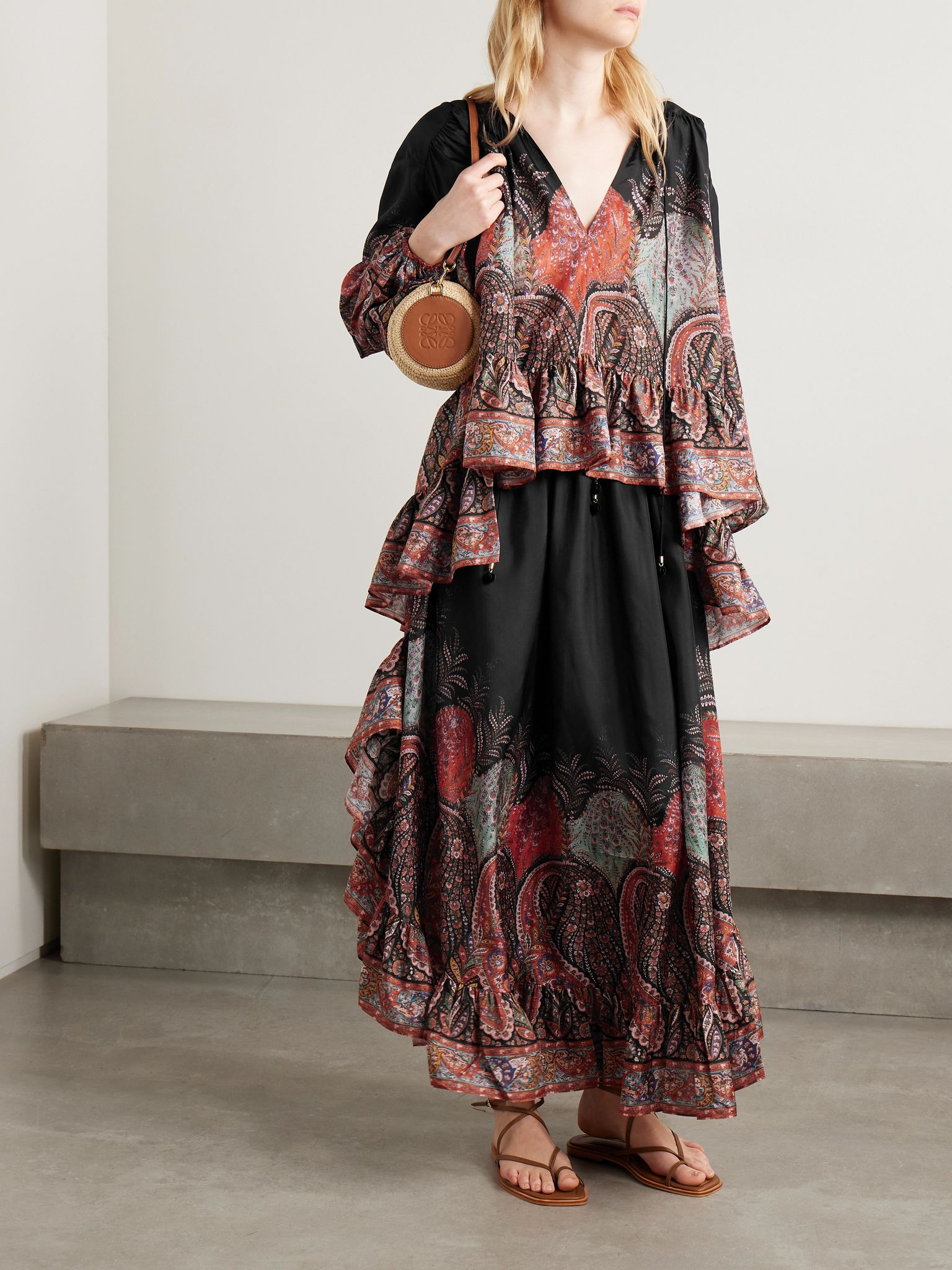 Rhiannon ruffled paisley-print organic silk blouse Black - 2