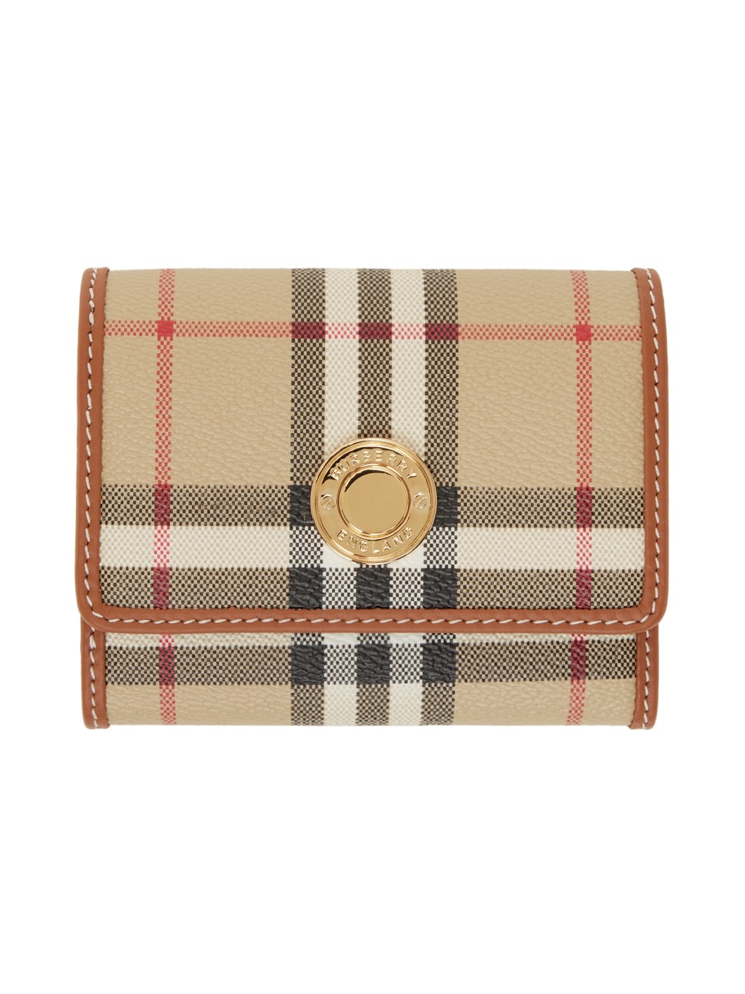 Beige Check & Leather Small Folding Wallet - 1