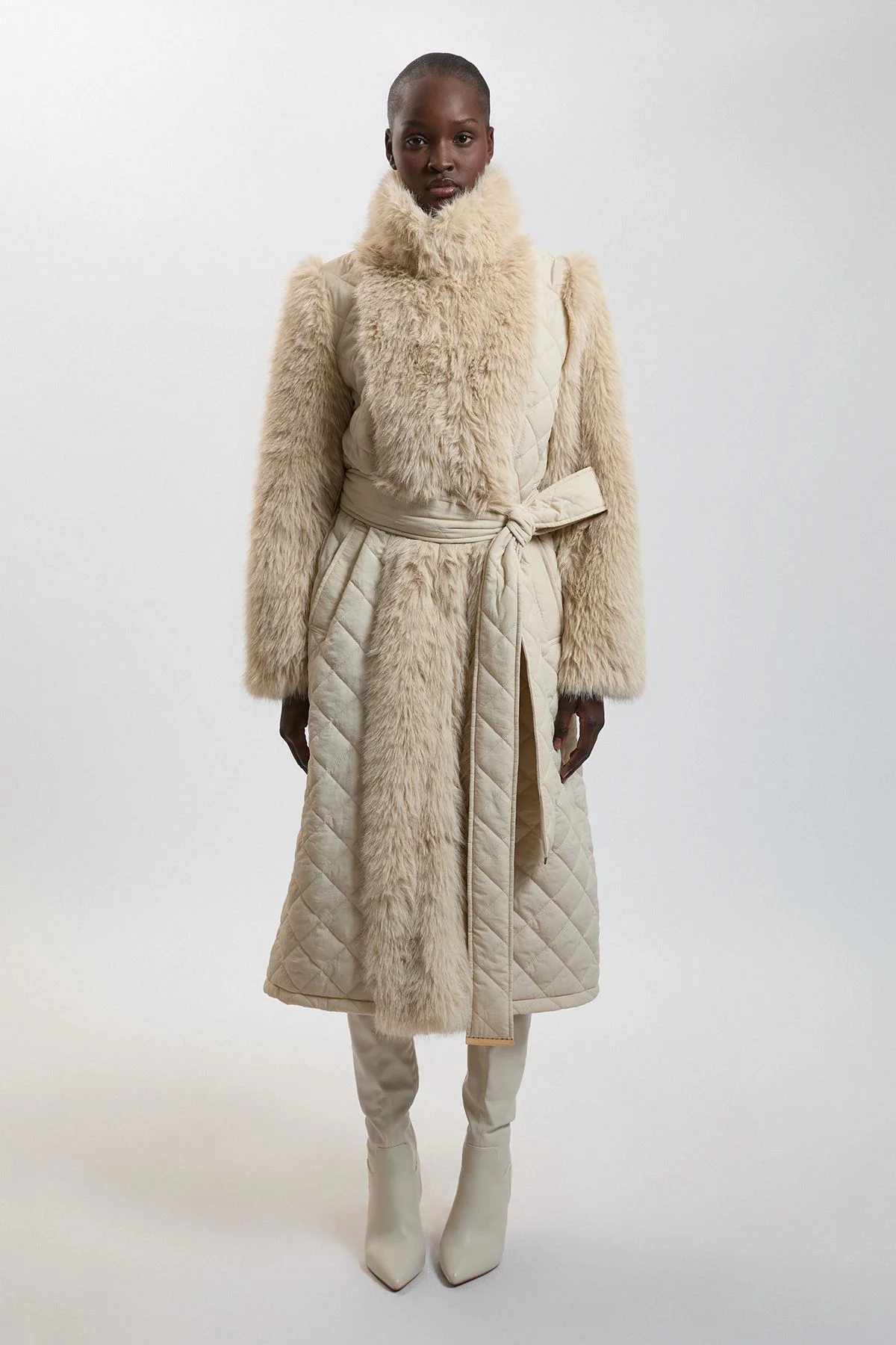 Faux Fur & Quilted Padded Mix Belted Midi Coat - 1