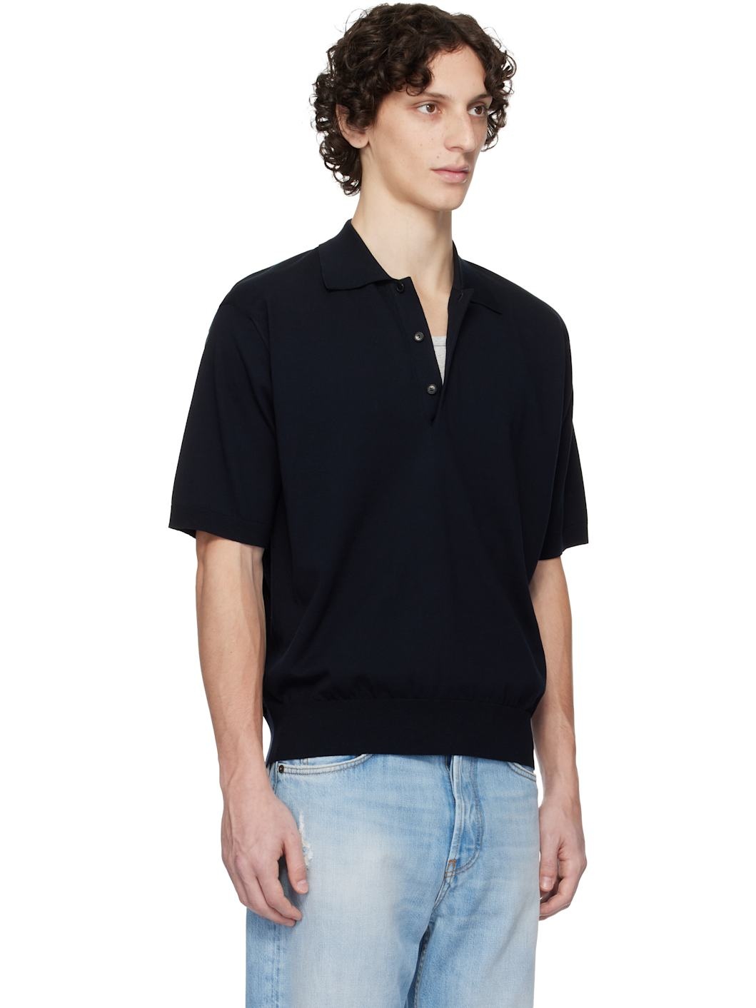 Navy Super High Gauge Cotton Knit Polo - 2