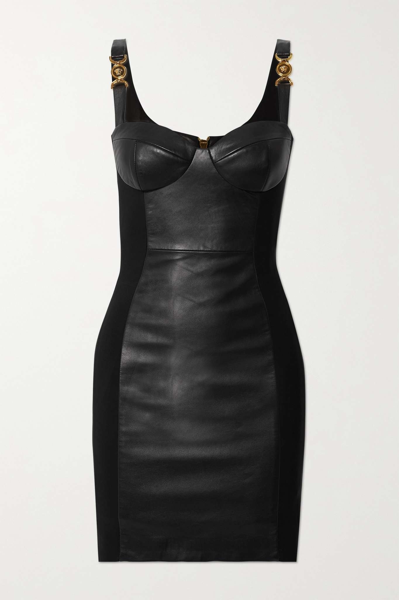 Embellished jersey-paneled leather mini dress - 1