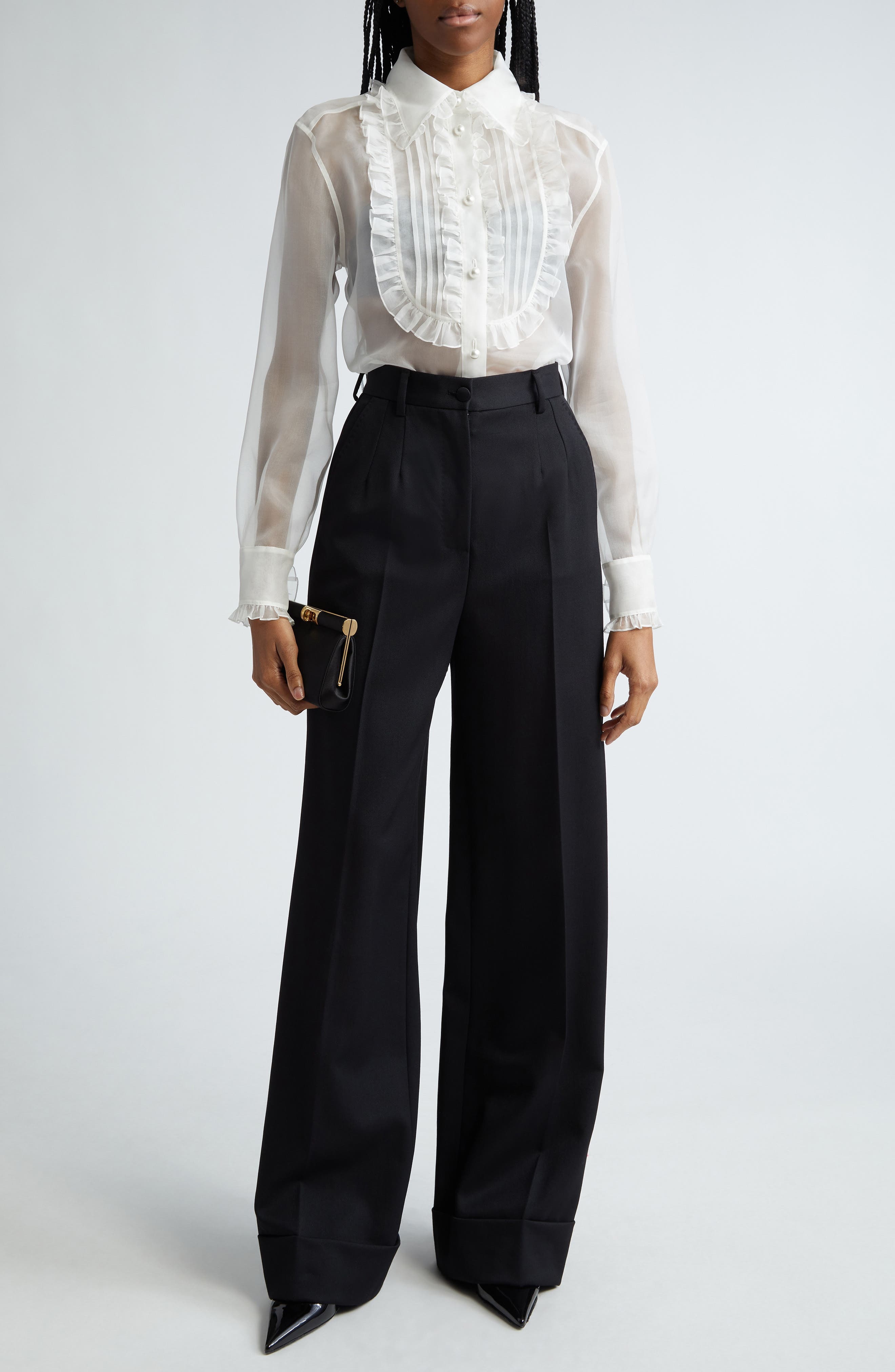 Ruffle Bib Silk Button-Up Shirt - 2