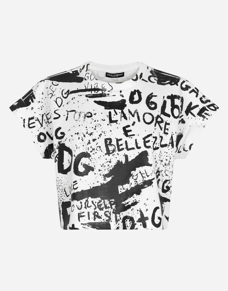 Cropped jersey T-shirt with DG graffiti print - 3