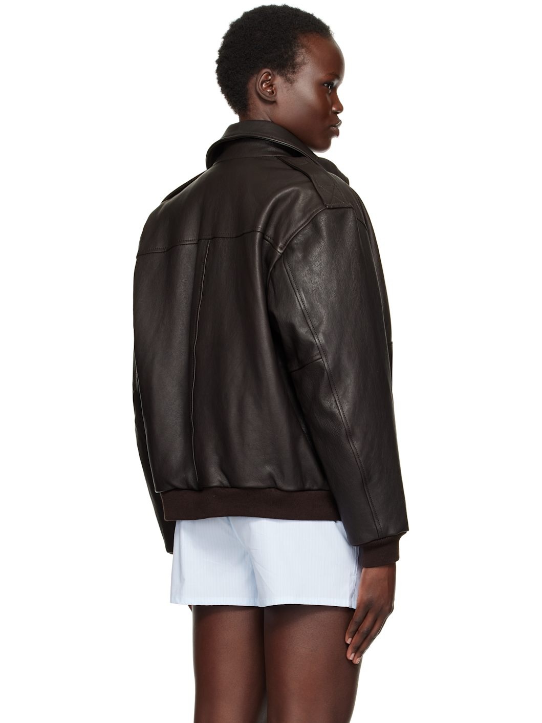 Brown Oversized Leather Bomber Jacket - 3