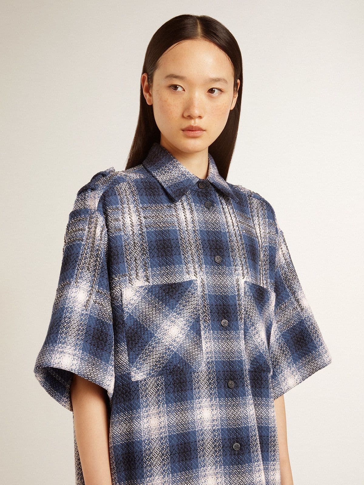 Women's short shirt dress with 3D checkerboard pattern and embroidery - 5