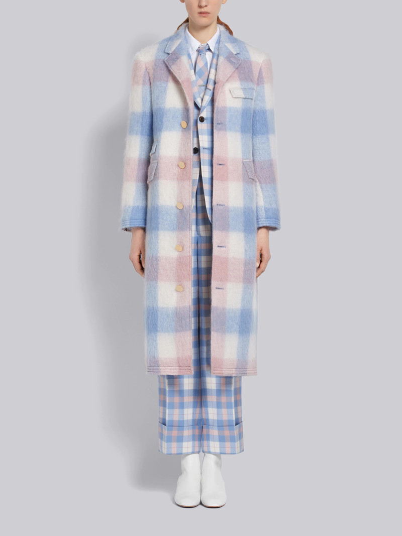 Light Blue and Pink Hairy Mohair Buffalo Check Ticket Pocket Long Chesterfield Overcoat 4