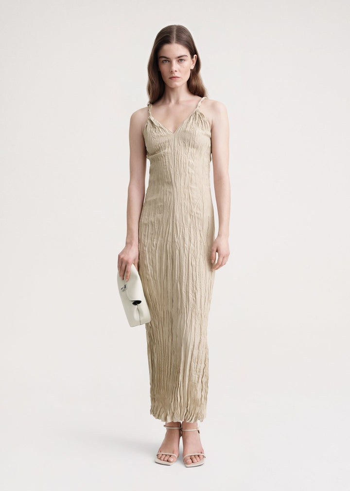 Twist-strap crinkled silk dress overcast beige - 2