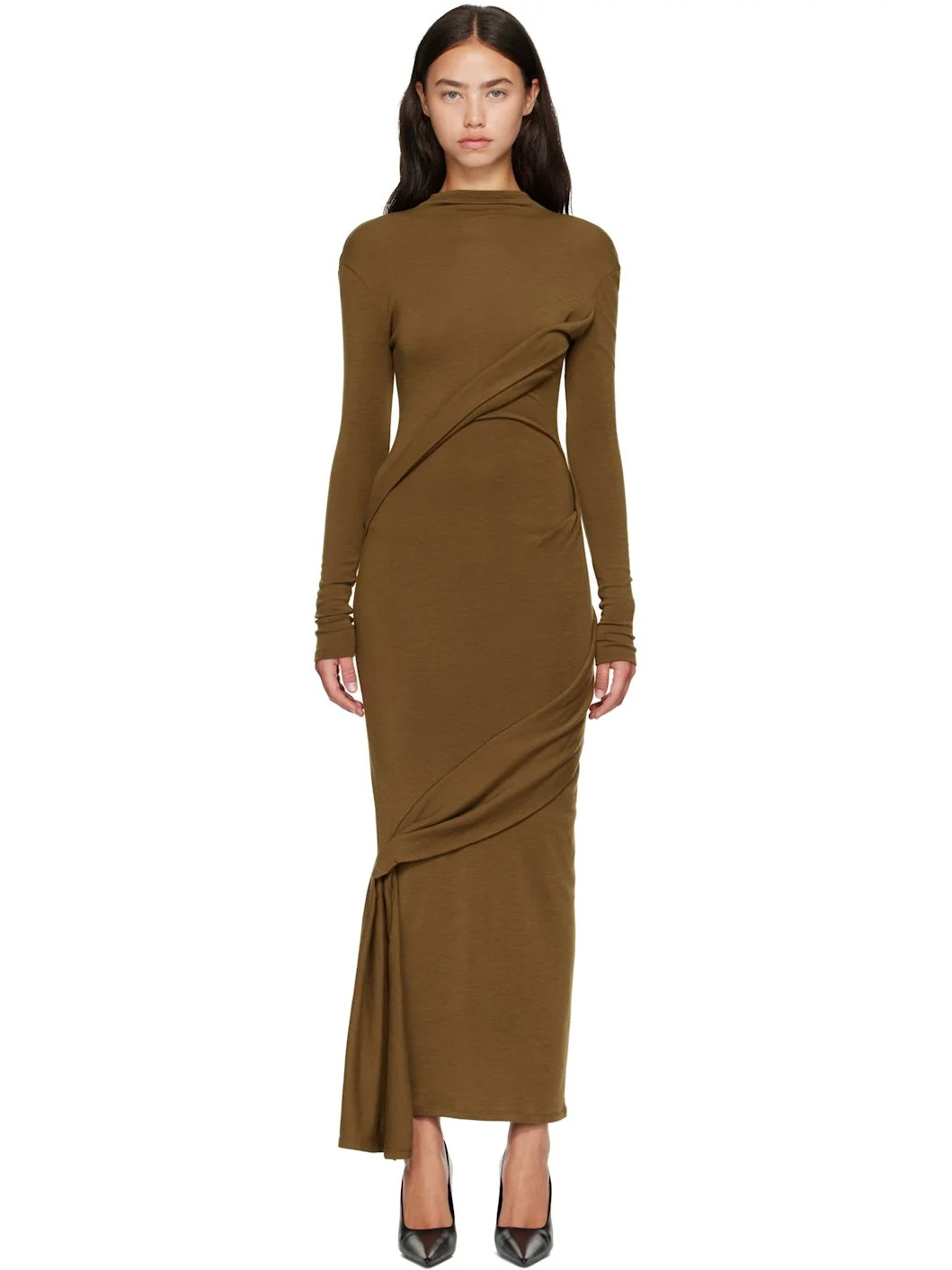 Khaki Draped Turtleneck Maxi Dress - 1