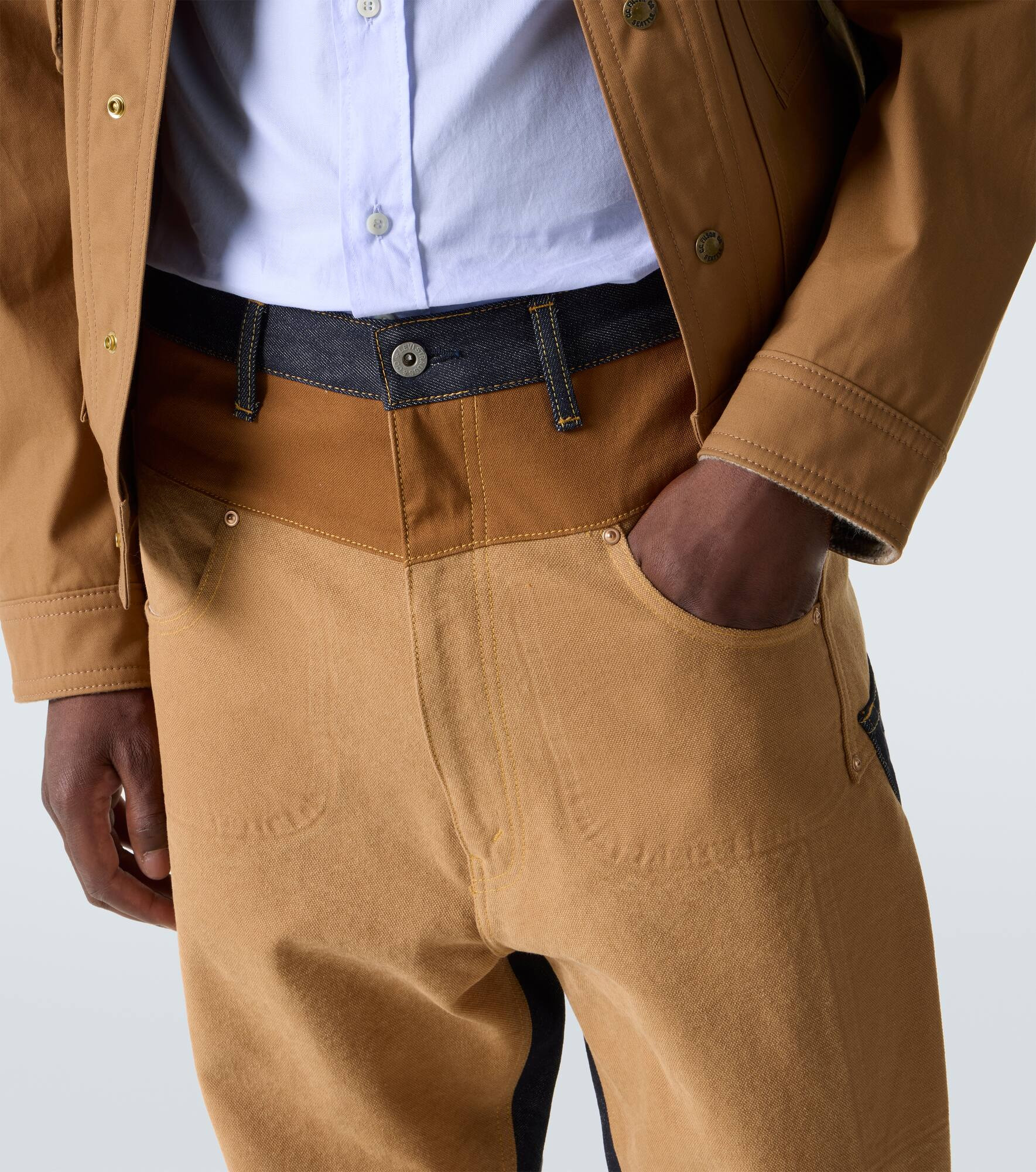 Patchwork denim and suede straight pants - 6
