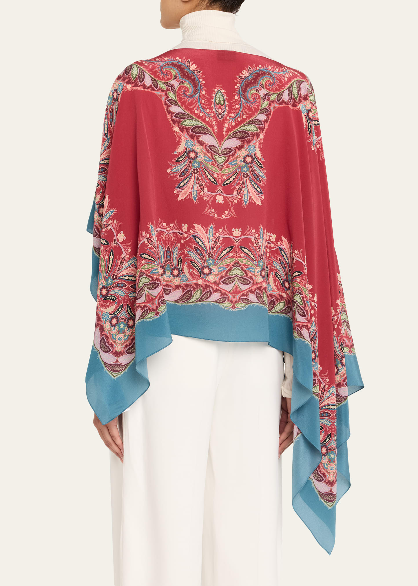 Asymmetric Paisley Silk Poncho - 3