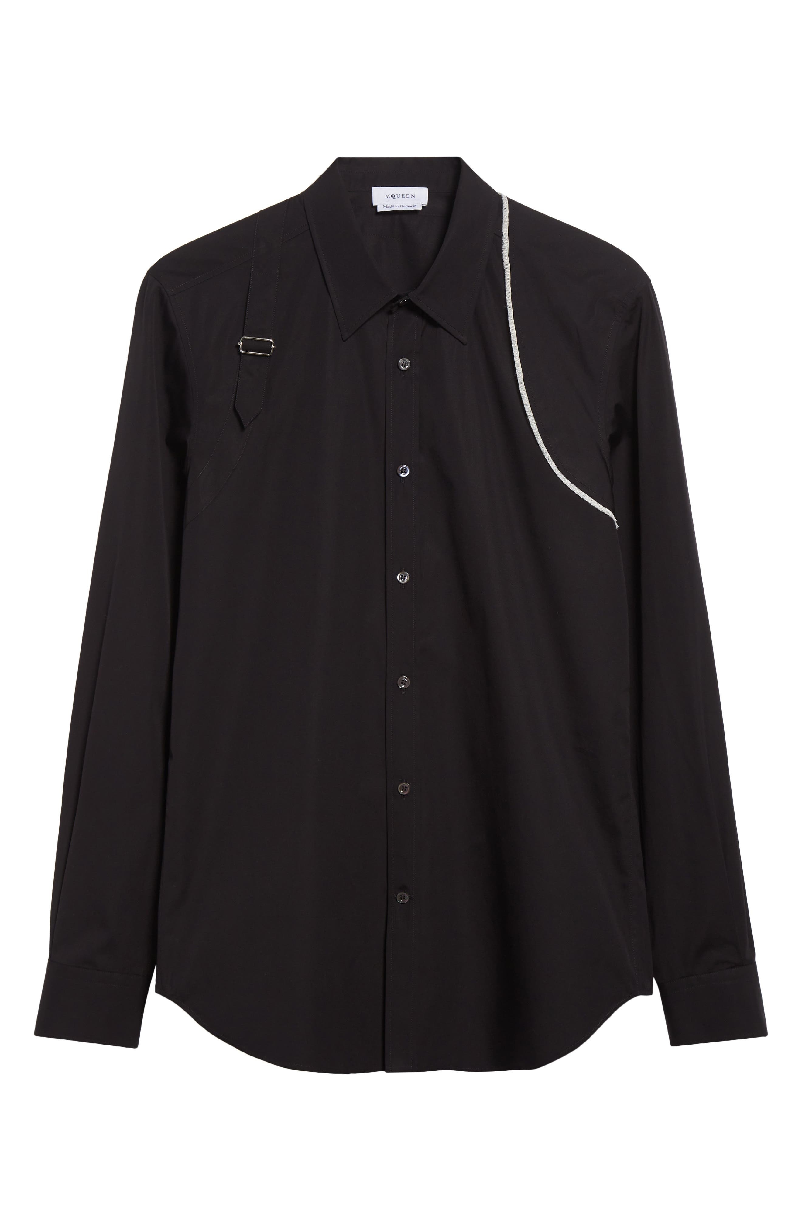 McQueen Raw Edge Harness Cotton Popling Button-Up Shirt in Black at Nordstrom - 6