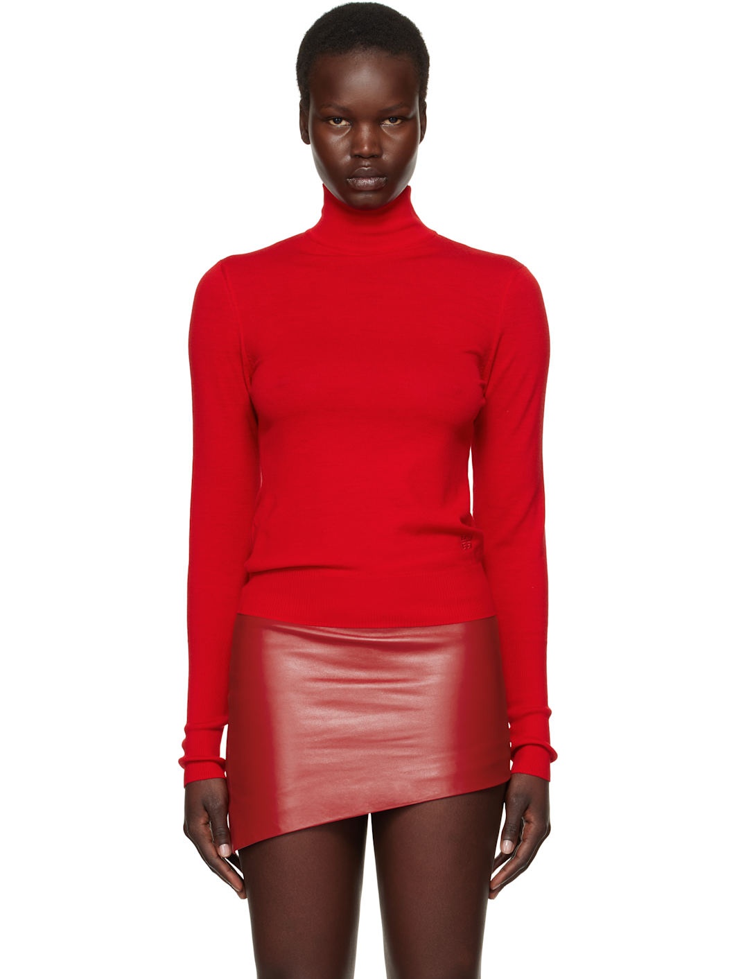 Red Wool Draped Open Back Turtleneck - 1