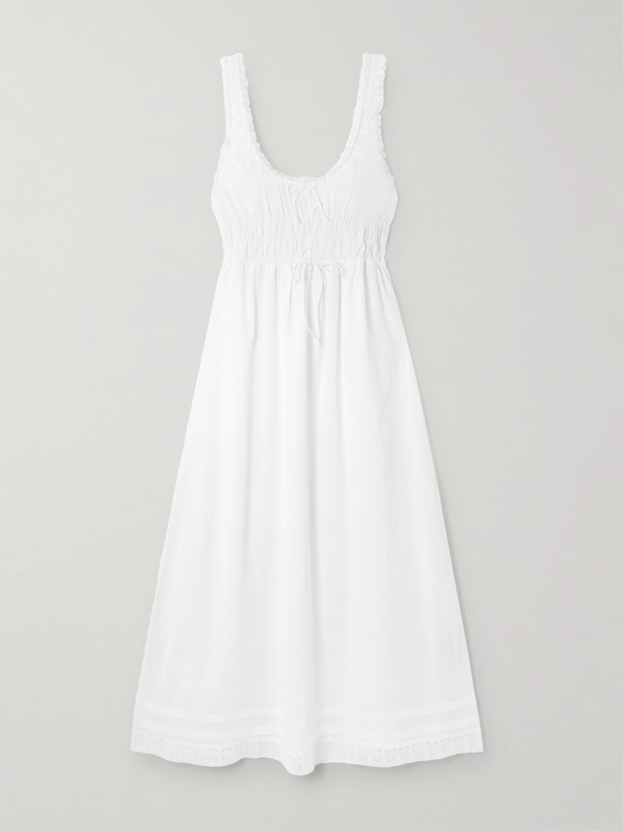 Juliet Bow-embellished Lace-trimmed Shirred Cotton-poplin Midi Dress - 1