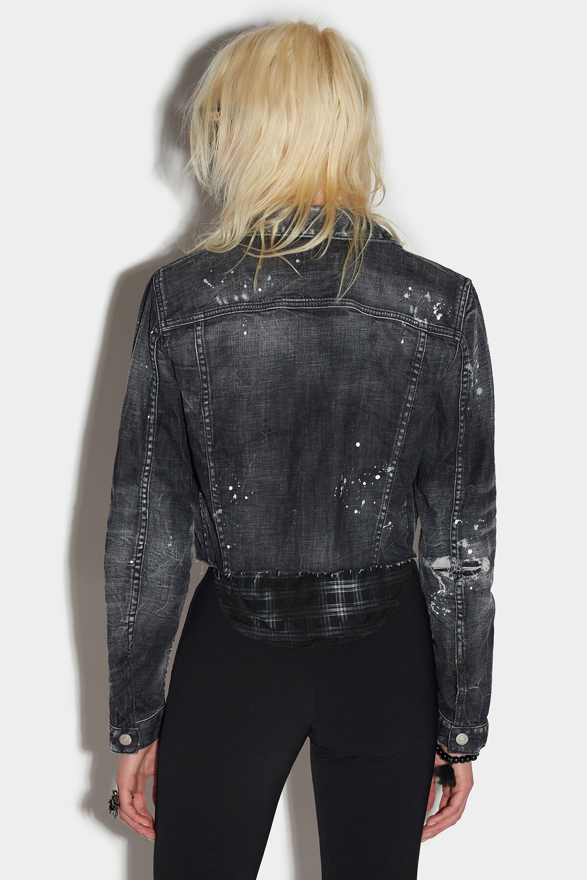 BLACK RIPPED WASH MIX CHECK JEAN JACKET - 2