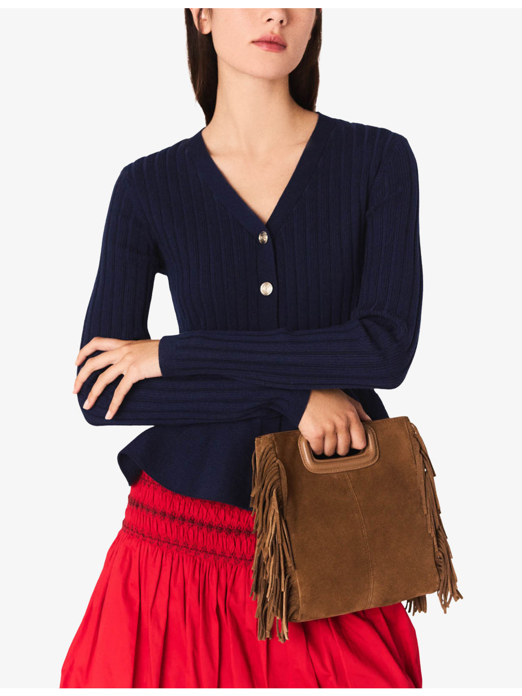 V-Neck Peplum-Waist Stretch-Knit Cardigan - 3